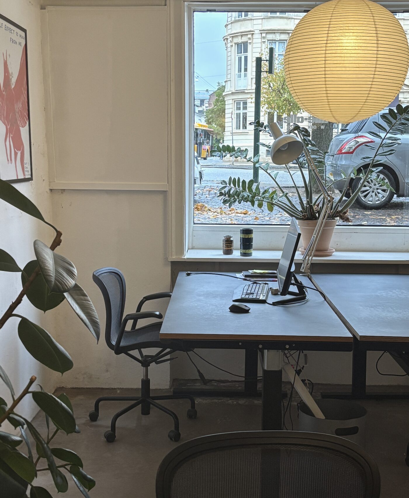 Skrivebord foran vinduet med lampe, plante og allé-allé-skiltet spejlvendt i glasset